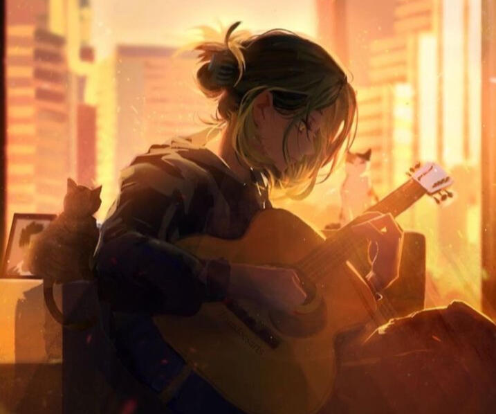 Fanart von Kenma Kozume aus Haikyu. Er spielt Gitarre an einem Fensterbrett, während neben ihm eine Katze aus dem Fenster sieht.